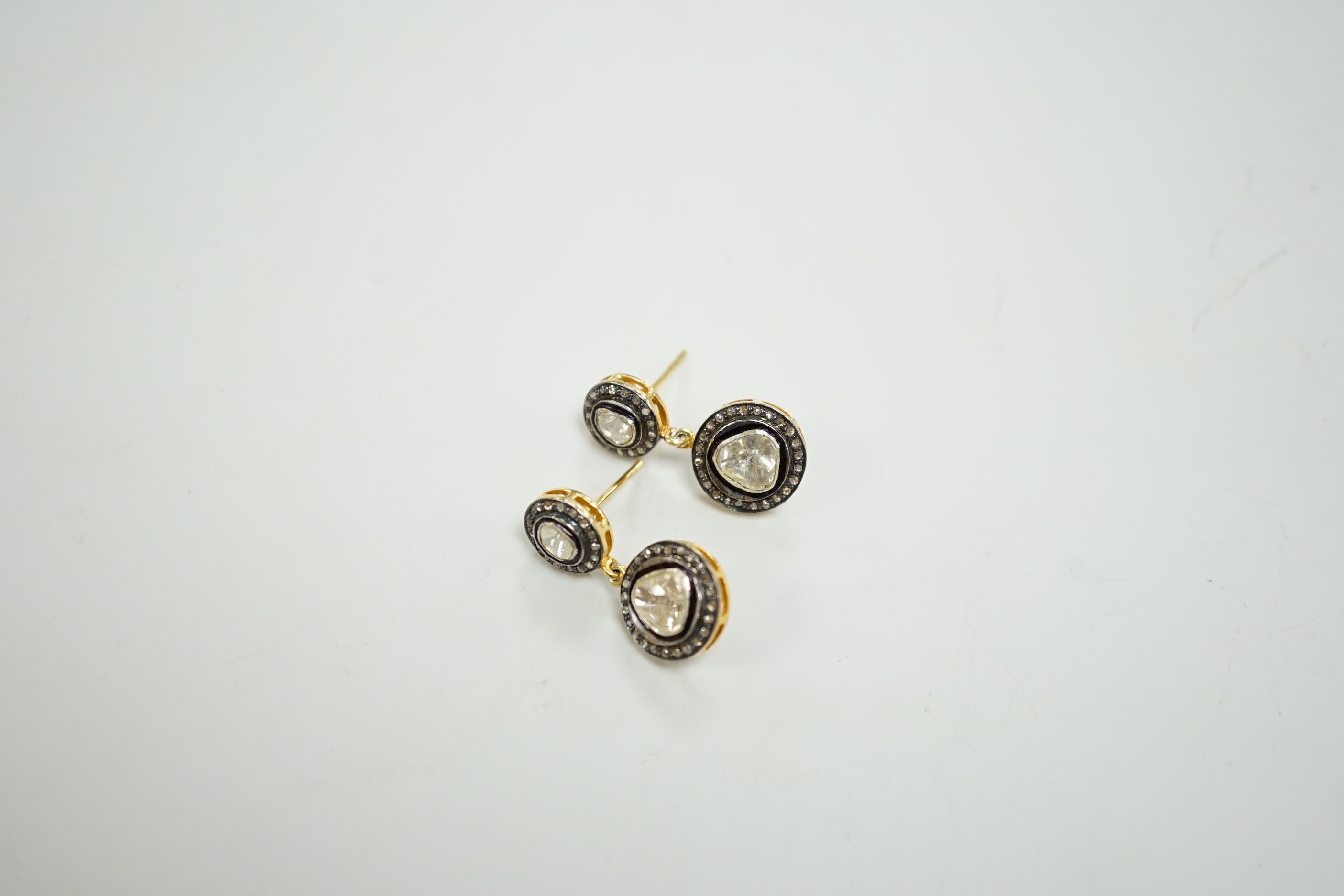 A pair of Indian? yellow metal, flat and rose cut diamond cluster set drop earrings, 27mm, gross weight 5.7 grams.